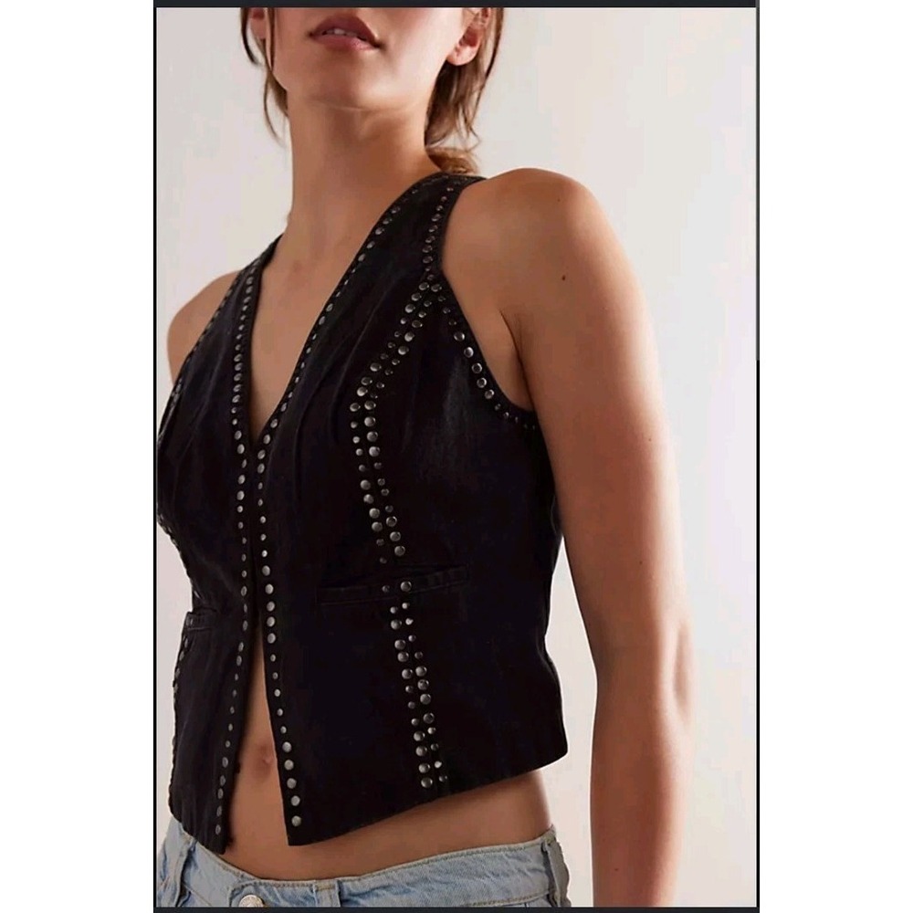 Free People Tell Me About It Black Studded Vest Sz L Festival Boho Western NWT